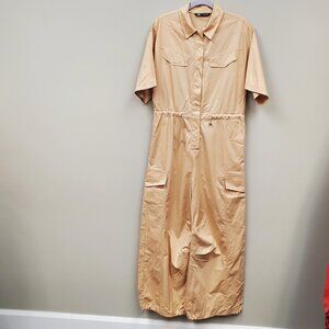 Zara Full Length Oversized Cargo Jumpsuit Cotton Size Medium Beige Tan